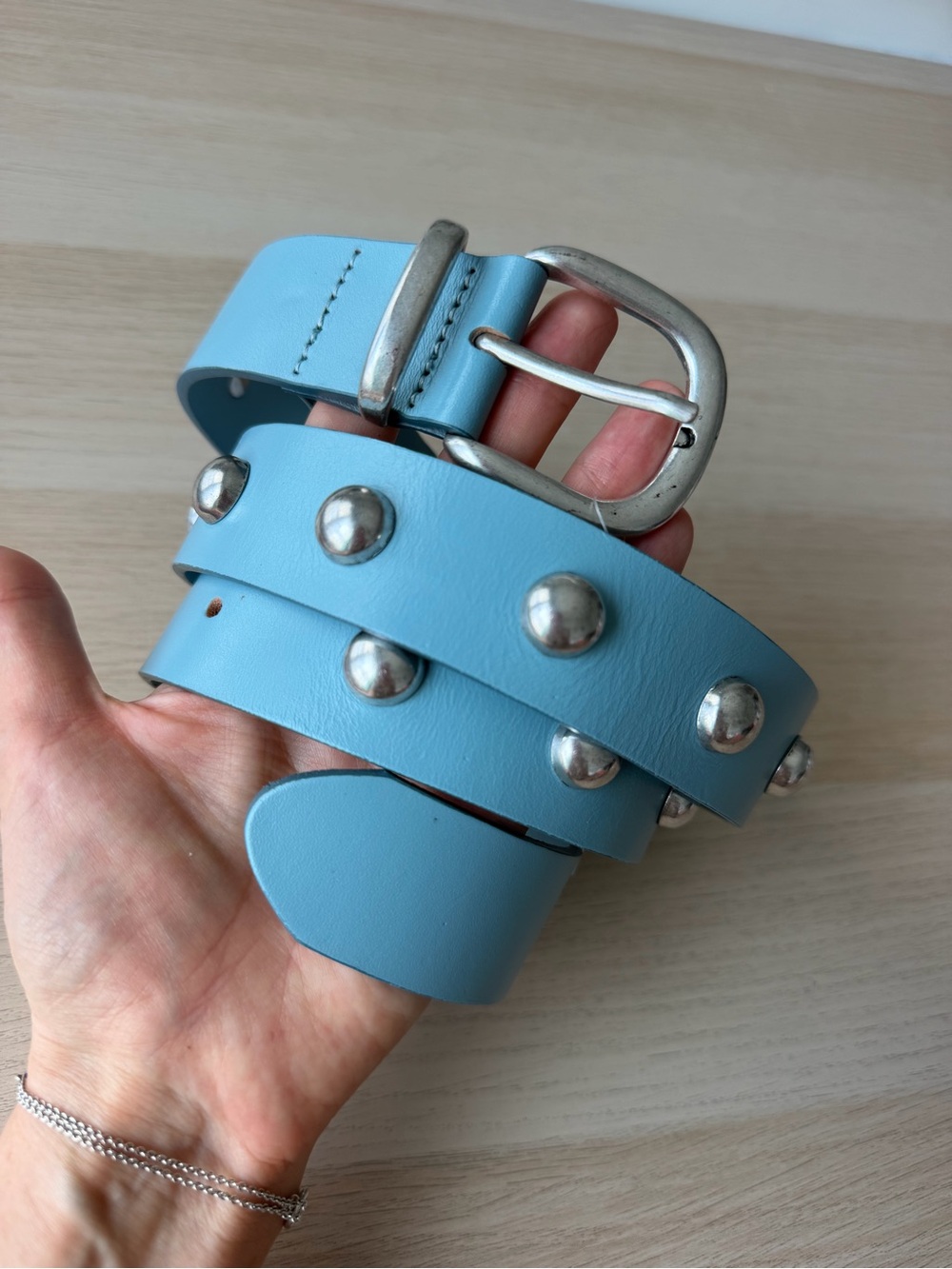 Free People M/L Sky Blue Studded Leather Belt Genuine Cow Leather Boho Western
